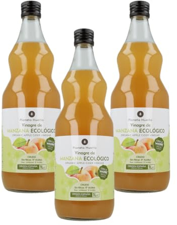PLANETA HUERTO | Pack 3x Vinagre de manzana ECO crudo sin filtrar con la madre 1L - 5% Acidez, No pasteurizado, Vegano, Origen España