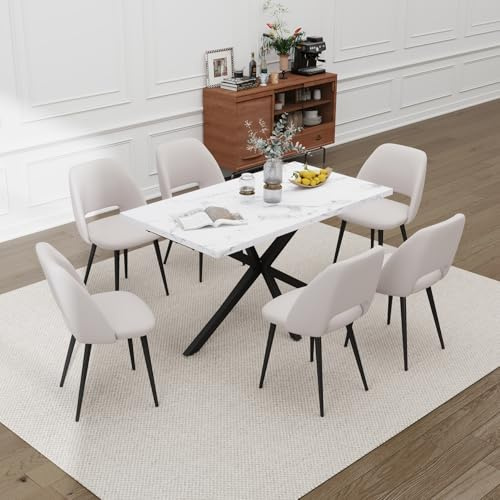 HJhomeheart Esstisch und Stuhlset, Rechteckiger Esstisch 140 * 80 * 75 cm, 6 Gepolsterte Küchenstühle, 7 Teiliges Esszimmer und Stuhlset, für Esszimmer, Küche (Marmormuster + Beige)