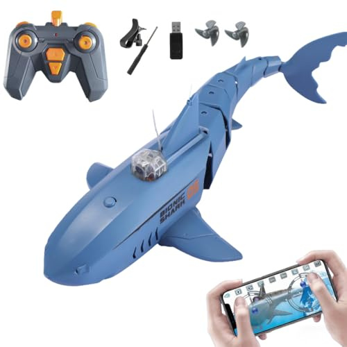 RC Hai Boot mit Unterwasserkamera, APP Steuerung & 2.4G Fernbedienung, HD Live Kamera, 360° Bewegung, Doppelpropeller Motor, Ferngesteuertes Shark Boot Spielzeug für Pool See Aquarium（Blue Shark）