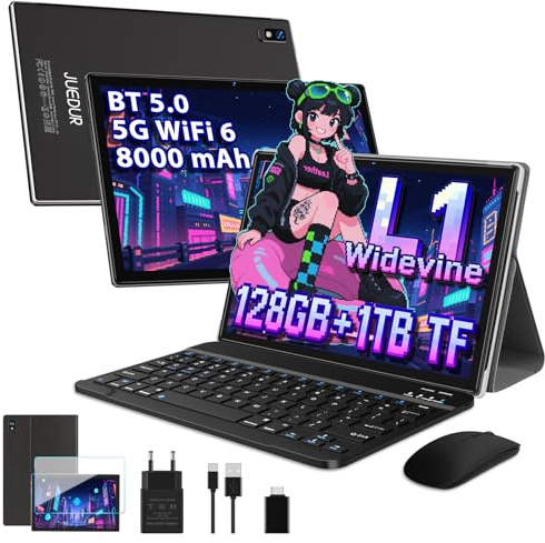 Tablet 10 Pulgadas Android, Octa Core, Widevine L1 para Streaming HD -Negro | 128GB ROM (TF 1TB), 5G+2.4G Dual Band WiFi, Configurar GPS e Face ID, 8000 mAh, Tableta con teclado Bluetooth y ratón