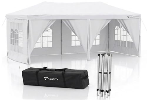ADANITY Carpa Plegable 3x6m Blanca XL - Cenador de Bodas Gigante 18m² con 5 Paredes (Ventanas y Puertas) - Techo Oxford 210D Impermeable Protección UV - Estructura Acero - Bolsa y Anclajes