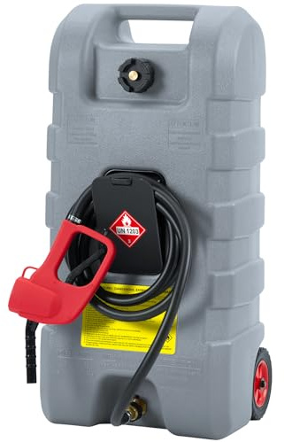 Bidon Essence Portable 57L en HDPE,Jerrican essence sur Roues avec Poignée,Pompe Manuelle,Tuyau 3m & Buse,Débit 7.5L/min,Réservoir Carburant Portable avec Valve d'Arrêt pour Essence/Diesel(Gris)