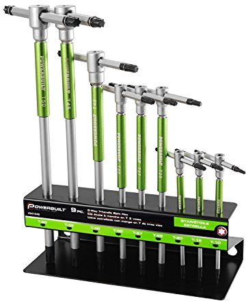 Powerbuilt Juego de llaves Allen de 9 piezas Torx y estrella con mango en T, manguitos de velocidad para acción de giro rápido, mango superior deslizable para forma de T o L, ejes largos, estante para
