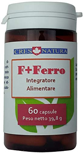 F+Ferro 60 capsule. Integratore di calcio, vit.D (7,5mcg, 150% VNR), ferro (14mg, 100% VNR), manganese, rame, vit. C, PP, B5, B6, B9. Per ossa, denti, cartilagini. Prodotto in Italia