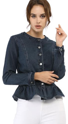 Allegra K Women's Peplum Button Down Cropped Ruffle Hem Denim Jackets Large Blue