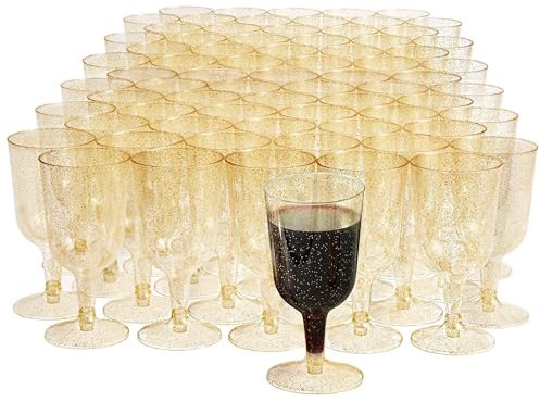 MATANA 100 Premium Plastic Wine Glasses with Gold Glitter (180ml) - Hard Plastic Wine Glass, Reusable Wine Cups for Cocktails, Dessert for Large Parties, Weddings, Birthdays, Christmas, BBQ
