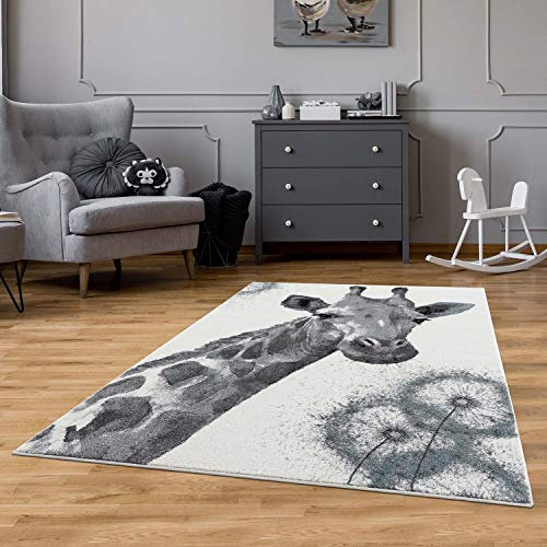 carpet city Teppich Kinderzimmer Creme, Grau - Kinderteppich Tier-Muster Giraffe - 120x160 cm - Kinderzimmerteppiche Jungen und Mädchen - Kurzflorteppich Modern Wohnzimmer Jugendzimmer