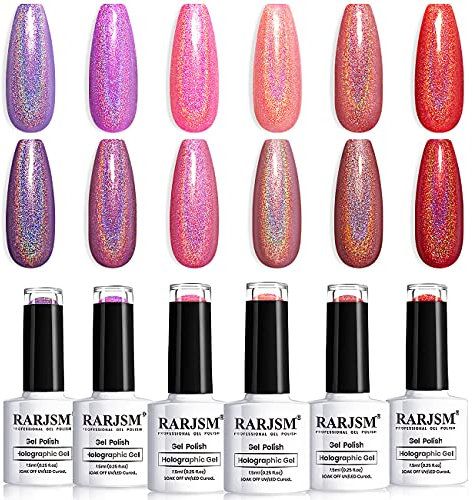 RARJSM Holographic Gel Nail Polish Set Summer Colors Glitter Gel Polishes Kit Rose Gold Hot Pink Red Violet Bright Purple 6PCS 7.5ML Curing Required Unicorn Mirror Laser Effect for Salon Home Manicure