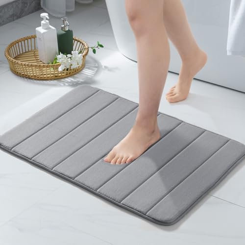 MIULEE Memory Foam Bath Mats Non Slip Bathroom Mat Bath Rug Shower Mat Coral Fleece Softness Highly Absorbent Washable Bathroom Rug Bath Mats for Bathroom Kitchen Entrance 40x60 cm Light Gray