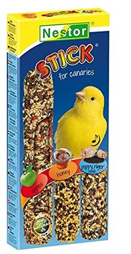 3x Sticks for Canaries Apples + Honey + Poppy Parakeets Bird Seed Food 130g Yellow Singing Canary Finches Budgie Birds Treats and Snacks with Hooks