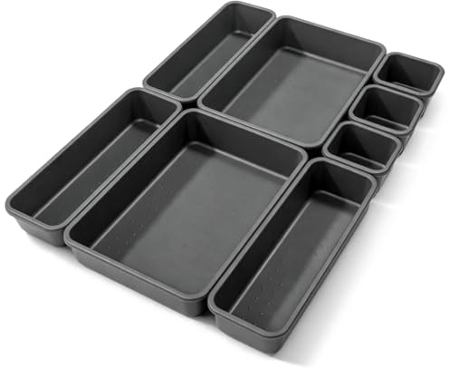 com-four® 8-teiliges Set Aufbewahrungsboxen - Schubladen-Organizer in 3 Größen - Aufbewahrungsbox für Schublade, Regal und Schrank (8-teilig - schwarz)