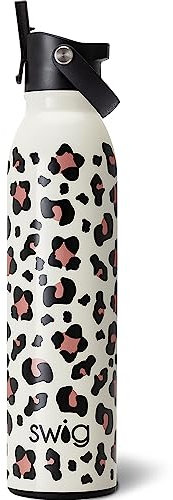 Swig Life 20oz Insulated Water Bottle, Travel Water Bottle with Straw and Lid, Cup Holder Friendly, Stainless Steel (Luxy Leopard)