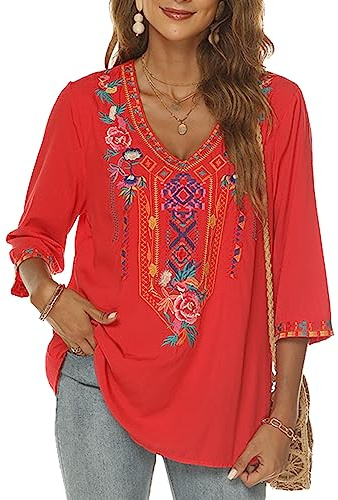Higustar Mexican Style Embroidered Tops Boho Peasant Blouses Traditional Bohemian Tunic Shirts Hippie Clothes for Women Red
