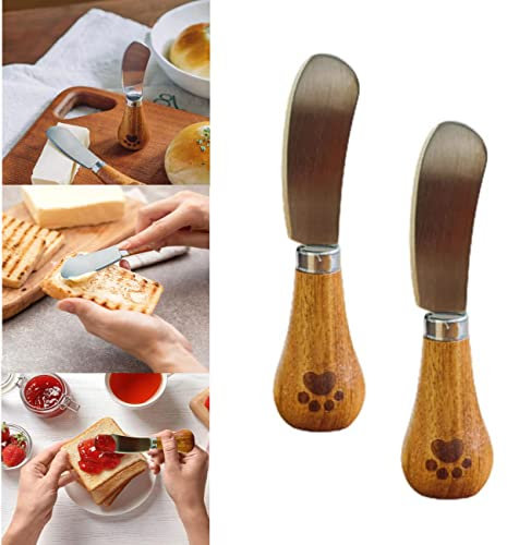 aMBayz Bonito Cuchillo de Mantequilla de pie, Mini Cuchillos Resistentes para esparcir Queso Crema, Mango de Madera Pintado con Patas de Oso, Cuchillos para Untar Mermelada de Frutas (2PCS)