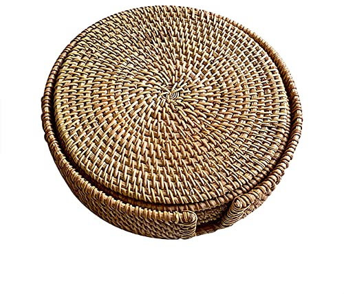 URFEDA 6PCS Rund Rattan Untersetzer Set,Natürliche Seegras Rattan Tischsets Handgefertigte Gewebte Platzset Hitzebeständige Platzdeckchen,Rattan Tassenmatten für Getränke,Teetassen,Esstisch,18CM