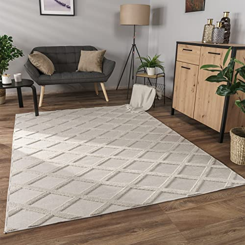 Paco Home Teppich Wohnzimmer Schlafzimmer Kurzflor Modernes Skandinavisches Muster Rauten Motiv Flauschig 3D Grau Anthrazit, Grösse:200x280 cm, Farbe:Creme