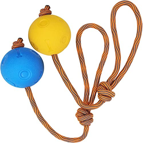 Worldly Hundeball mit Schnur, 2 Stück Wurfball mit Seil, Langlebig, Weich und Elastisch Vollgummiball für Agilität und Extrem Weite Würfe, Fangen und Ziehen des Krieges (5 cm, Blau + Gelb)