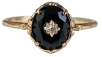 FAMIVES Verlobungsring für Damen, Vintage-Stil, schwarzer Onyx, Art-Deco-Solitär, Ehering, einzigartiger ovaler Stein, Jahrestagsschmuck, Metall, Onyx