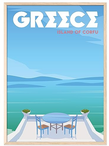 JUNOMI® Griechenland Poster XL, DIN A2 Wohnzimmer Deko, Modernes Wandbild, Griechenland Bild, Reiseposter, Griechenland Wandbild | Mit Rahmen Natur
