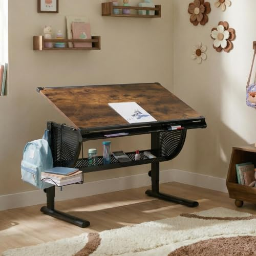 CARO-Möbel Kinderschreibtisch Sari höhenverstellbar in Vintage/schwarz, Schreibtisch für Kinder neigbar mit Rille für Stifte, Schülerschreibtisch mit Ablage und Rucksackhalterung