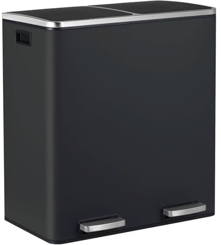 LIFERUN Mülleimer 2 Fächer, Abfalleimer Küche 60L (2x 30 Liter), aus Metall, mit Softclose Deckel, 2 pcs Kunststoff Inneneimer, Griffe, Rechteckiger, Doppelfach Treteimer- Schwarz