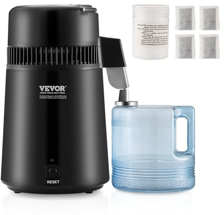 VEVOR Vattendestillator 4 l, maskin för destillerat vatten, 1 l/h, 750 W, inre i rostfritt stål, livsmedelsbehållare i PBT-plast för rening av kranvatten hemma, på kontoret