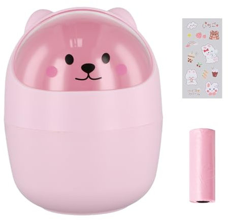 PTJJXA Cestino da Scrivania, Mini Leggero Pattumiera da Tavolo, Portatile Piccola Cestino da Tavolo Plastica con Coperchio, Rimovibile Portapenne Simpatico (Rosa+adesivi+sacco della spazzatura)