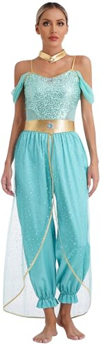 Linjinx Bauchtanz Kostüm Damen Prinzessin Kostüm Pailletten Kleid Arabische Indische Kleid Halloween Karneval Fasching Kostüm Türkis S