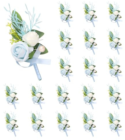 QUARKZMAN 20 Stück Hellblaue Anstecksträuße für Männer, Künstliche Blumenstecker Taschenanstecker mit Anstecknadeln für Hochzeit Braut Bräutigam Zeremonie Jubiläum Formelle Party