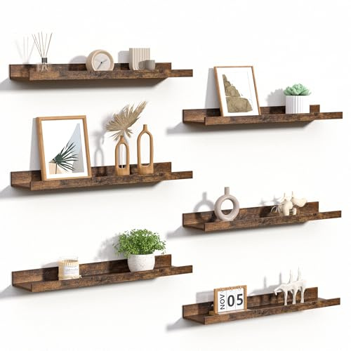 upsimples Floating Shelves for Wall, 23.6 Inch Shelves for Decor Storage Set of 6, Wall Mounted Wood Shelf for Bedroom, Living Room, Bathroom, Kitchen, Long Picture Ledge Shelves, Brown