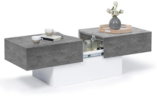 IDMarket - Niedriger Schiebetisch Marta aus weißem Holz und Einer Platte mit Betoneffekt
