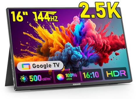 2.5K Portable Monitor, 144Hz | 16 Zoll | 500Nits | QHD | HDR | 100% sRGB, Google TV, FreeSync, IPS Tragbarer Gaming Monitor, Externer Bildschirm für Laptop/Notebook/PC/MacBook/Phones/Tablet/PS5/4/Xbox