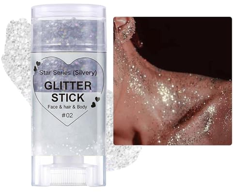 Glitzer Gesicht Stick, Mermaid Glitzerstifte, Sparkling Body Glitter Stick, Chunky Holographic Sequins Face Glitzerpulver für Körper, Haare, Gesicht und Nail, Christmas Rave Accessories(#02 Silver)