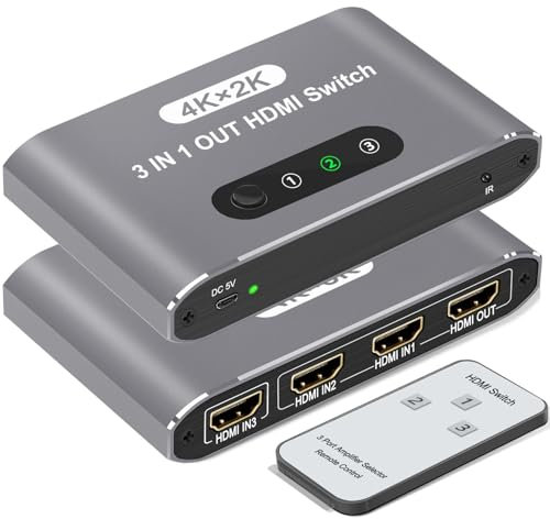 HDMI Switch 3 In 1 Out, 4K@60Hz HDMI Switcher Selector with Remote Control, Supports 4K 3D HD Monitor, Compatible with Laptop/PC/DVD Blu-Ray/PS5/PS4/Xbox/HDTV/Roku TV PC and More(Sliver)