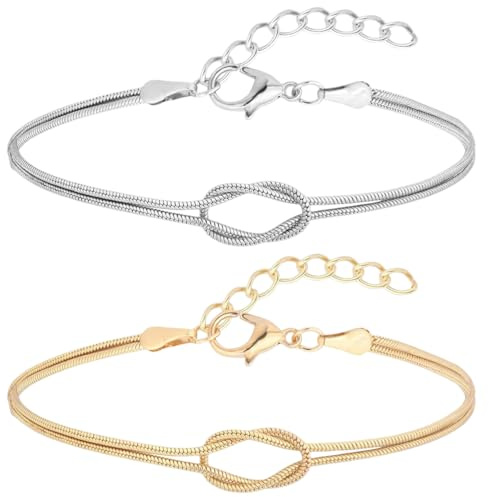 EIROVYA Pulsera de la amistad para mujer, pulseras para parejas, pulseras de cadena de serpiente con nudo de amor, ajustables en oro y plata, para parejas, amistad, relación, 2 piezas