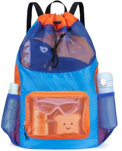 Veious Swim Bag for Kids Mesh Beach Backpack for Boys Lightweight Drawstring Beach Bag Swimming Pool Sports Gym String Bag (Blue)