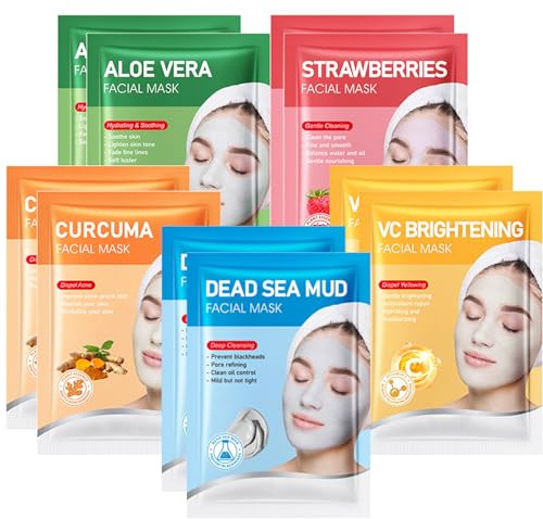 Clay Mask, Feuchtigkeitsmaske Gesicht Frauen für Skincare, Gesichtsmasken Set für Hautpflege, Mud Mask mit Totes Meer Schlamm-Aloe Vera-VC-Kurkuma-Erdbeer für Tiefenreinigende Schönheit,10PCS