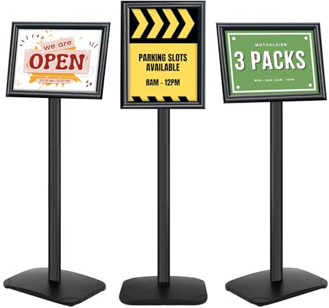 Mutualsign 3-pack A4-displaystativ, slitstarkt skyltstativ med stabil bas, golvstående affischstativ för meny/meddelande/skärm, välkomstskylthållare, svart