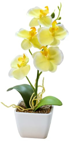 NASSMOSSE Fake Orchid in Pot, 10.6 Inch Yellow Faux Orchid for Home & Wedding Decor