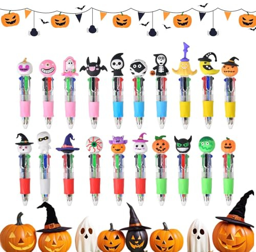 Penne Multicolore Bambini Halloween - Set 20 Penne a 4 in 1 | Gadget Fine Festa Compleanno | Penna Retrattile con Zuccà e Fantasma, Regalini per Alunni, Premi Scolastici, Cancelleria Divertente