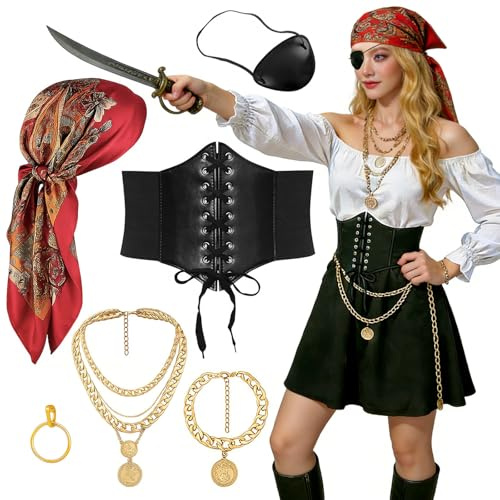 DIANLIANG 6 Stück Piratin Kostüm Damen Karneval Piratenkostüm Zubehör mit Pirate Kopftuch Augenmaske Korsett Piraten Kostüm Frauen Cosplay
