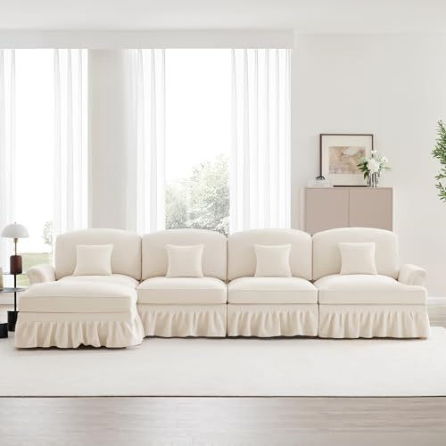 Klassisk modulär L-formad fyrsitsig soffa av chenille med trattarmstöd, avtagbart volangförkläde, spindelformade ben och rörlig pall – djup, bekväm sits för vardagsrummet, vit