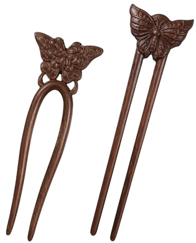 2 Pack Wooden Hair Sticks for Women, French Hair Pin Handmade Butterfly Wood Hair Forks Vintage Handmade Carved French Hairpin with 2 Prongs for Women Girls Bun Long Thick Hairs (Brown)