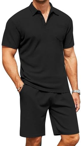 QUNERY Conjunto Hombre Verano 2 Piezas Conjunto Slim Fit Polo y Pantalones Cortos Negocios Chándal de Ocio con Bolsillos Negro XL