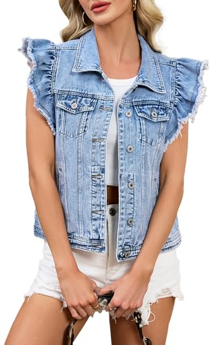 YEXPINE Women's Cropped Denim Vest Ruffle Sleeve Frayed Hem Button Down Casual Summer Jean Waistcoat Trendy Outfits