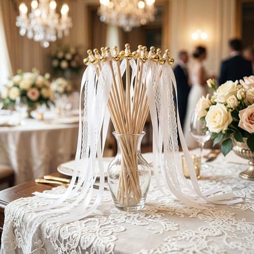 Chicpant 36Pcs Blanc Baguette de Mariage avec Ruban Mariage | Serpentins avec Cloches Baguette Ruban pour Fête de Anniversaires