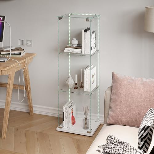 INONEFT Glasvitrine Standvitrine mit LED-Beleuchtung, Vitrine Stehend mit 3 Lagen Glas Holz Glas Vitrinenschrank 1 TüR und Schloss, Weiß Sammlervitrine für Wohnzimmer Schlafzimmer Büro（LED-2）