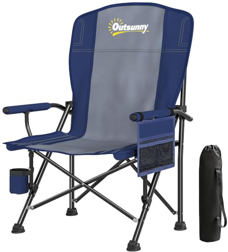 Outsunny Padded Camping Chair for Adults Portable Folding Chair Dark Blue | Side Pockets, Cup Holders, Carry Bag, Outdoor Seat, Garden, Fishing, Sports