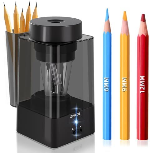 Zmol Full Automatic Pencil Sharpener for 6-12mm Jumbo Colored Pencils Black | Rechargeable Electric Pencil Sharpeners, Heavy Duty Sharpener for Classroom, Sharpener with Container, Home/School/Office