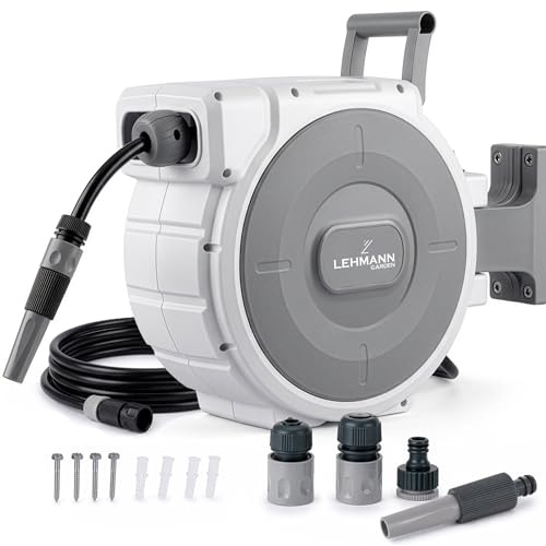 LEHMANN Avvolgitubo da Parete Automatico con Tubo da 35 m + 2 m, Avvolgitubo da Giardino per Irrigazione Flessibile, incl. Tubo di Alimentazione 2 m, Raccordi da 3/4 e 1/2, Bianco/Grigio